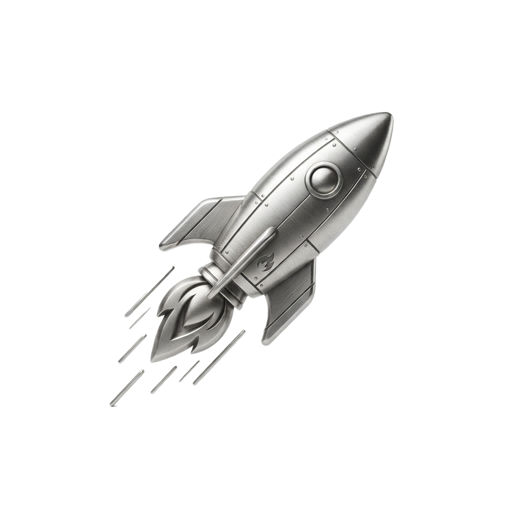 A sleek, metallic rocket ascending with visible flame and smoke at the base against a black background