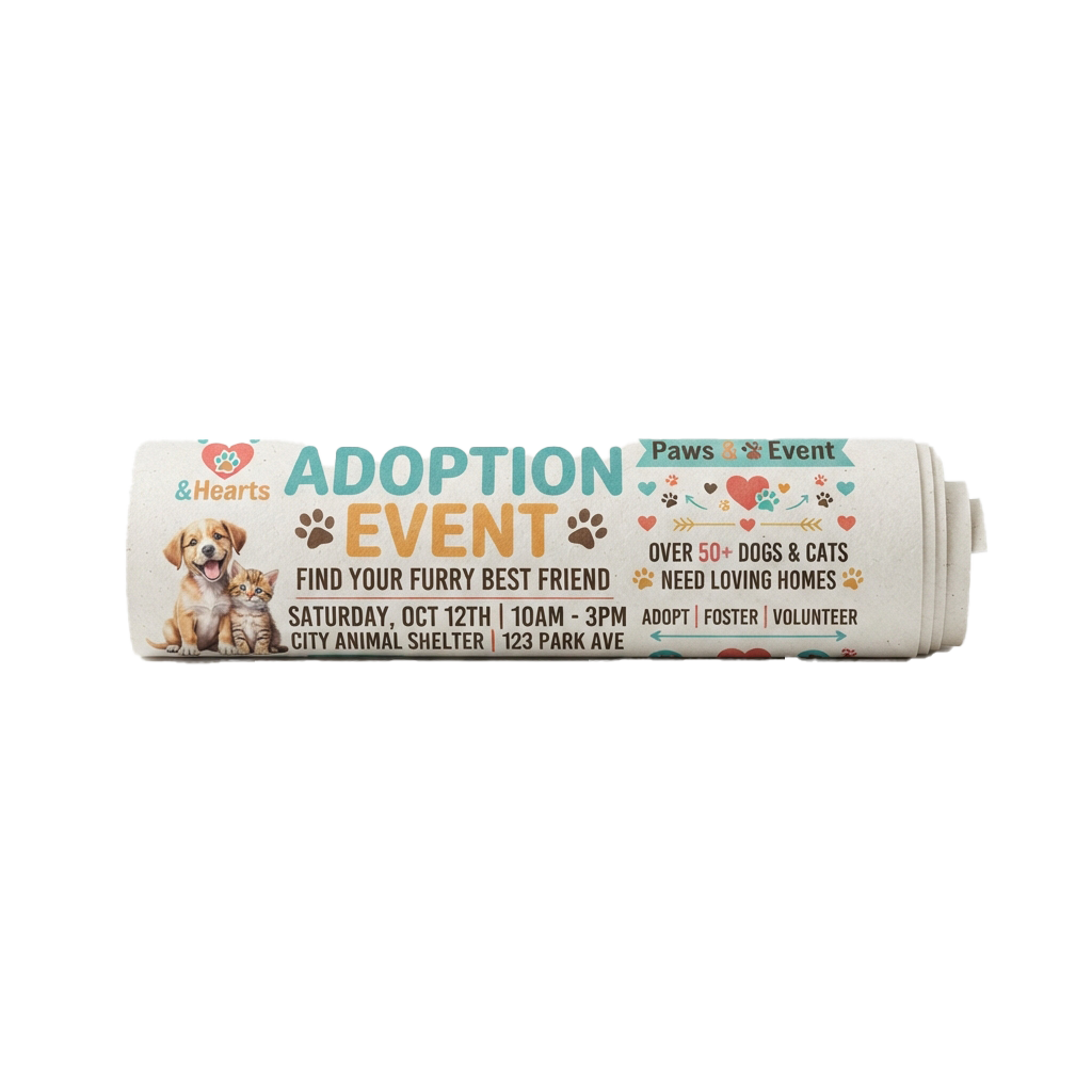 Flyer advertising an adoption event with images of a dog and kitten, paw prints, and event details.
