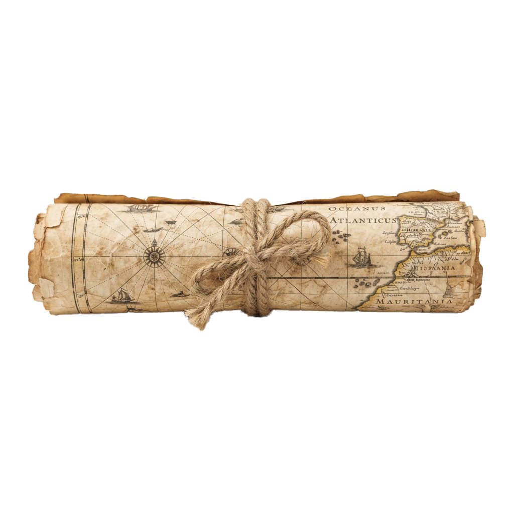 An aged map scroll tied with twine showing parts of the Atlantic Ocean and Europe