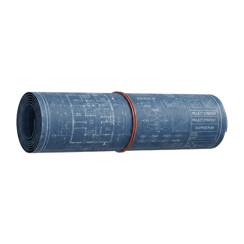 A rolled architectural blueprint with floor plans, project strategy diagrams, and business plan layouts