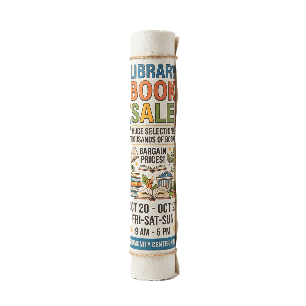 A rolled poster advertising a library book sale with dates and times displayed vertically.