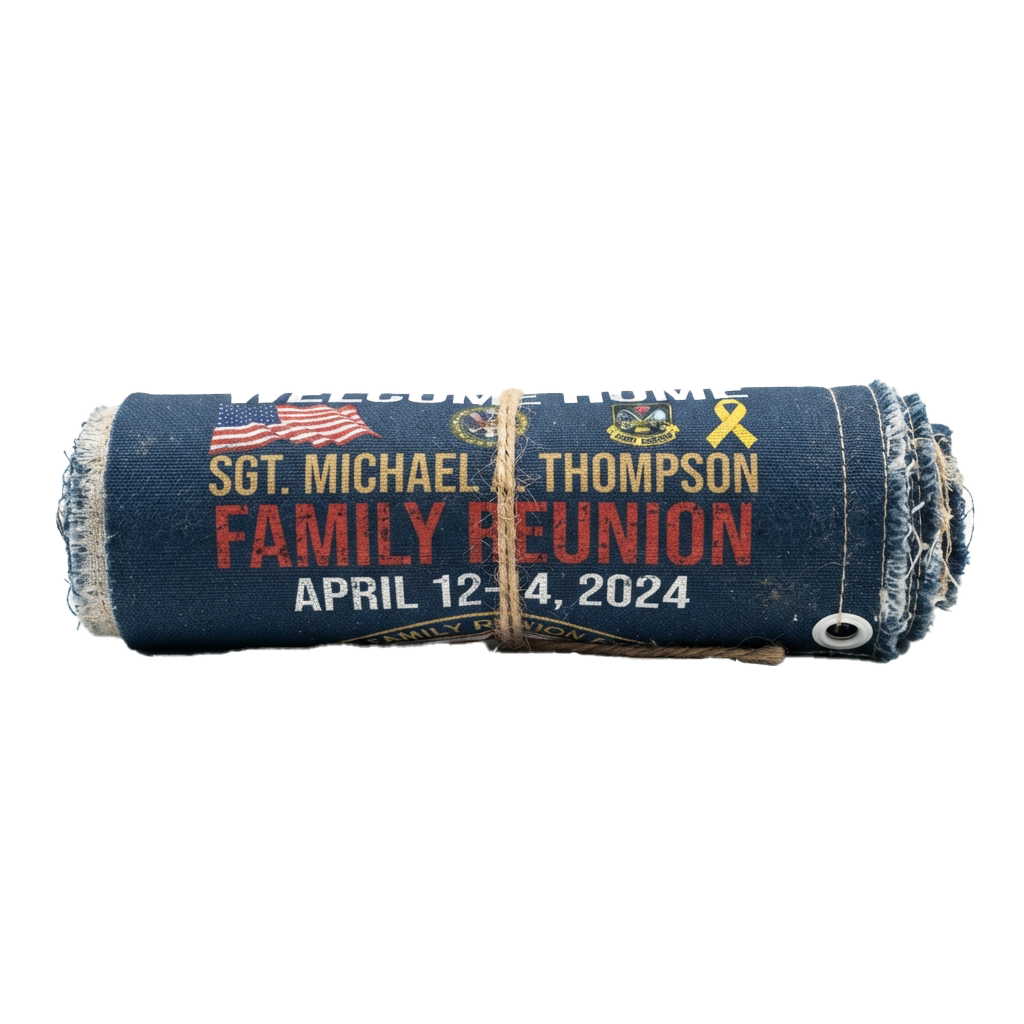 Dark blue fabric roll with text reading Family Reunion, an American flag, military insignia, and yellow ribbon.