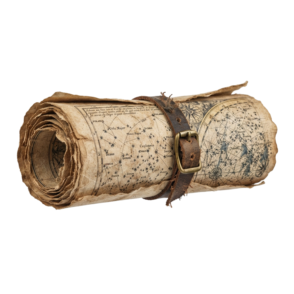 Antique rolled star map with constellations and a brown leather strap for holding it open