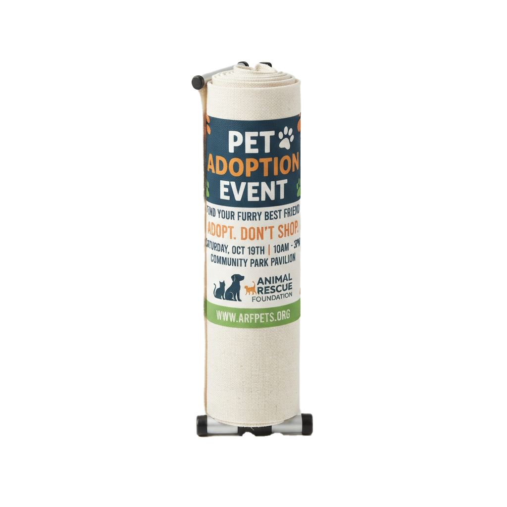 White fabric roll with text promoting a pet adoption event and rescue foundation details