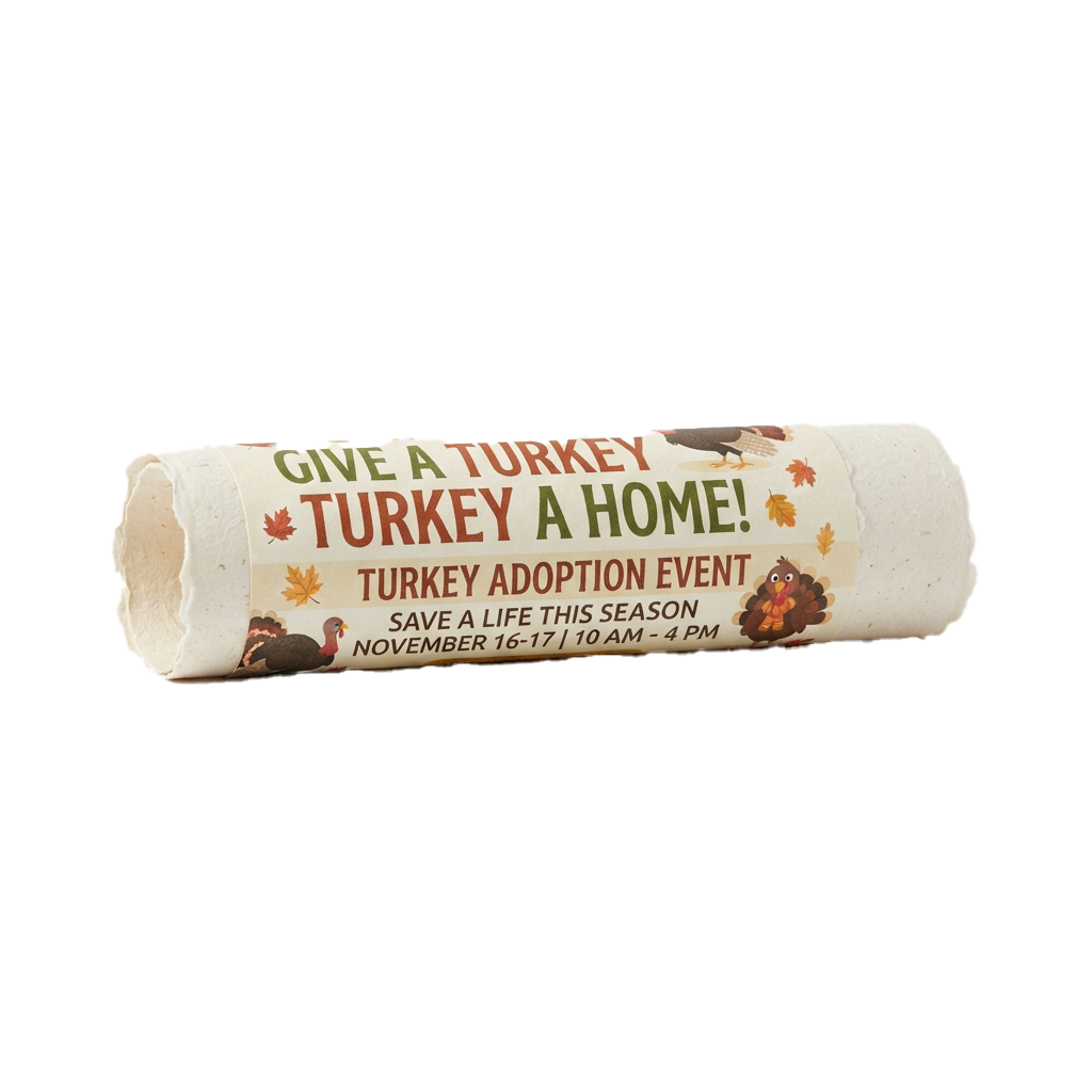 White paper towel roll promoting a turkey adoption event with colorful autumn-themed graphics and text