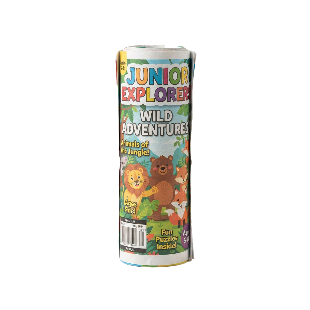 Colorful tube toy labeled Junior Explorer Wild Adventures with jungle animals illustration