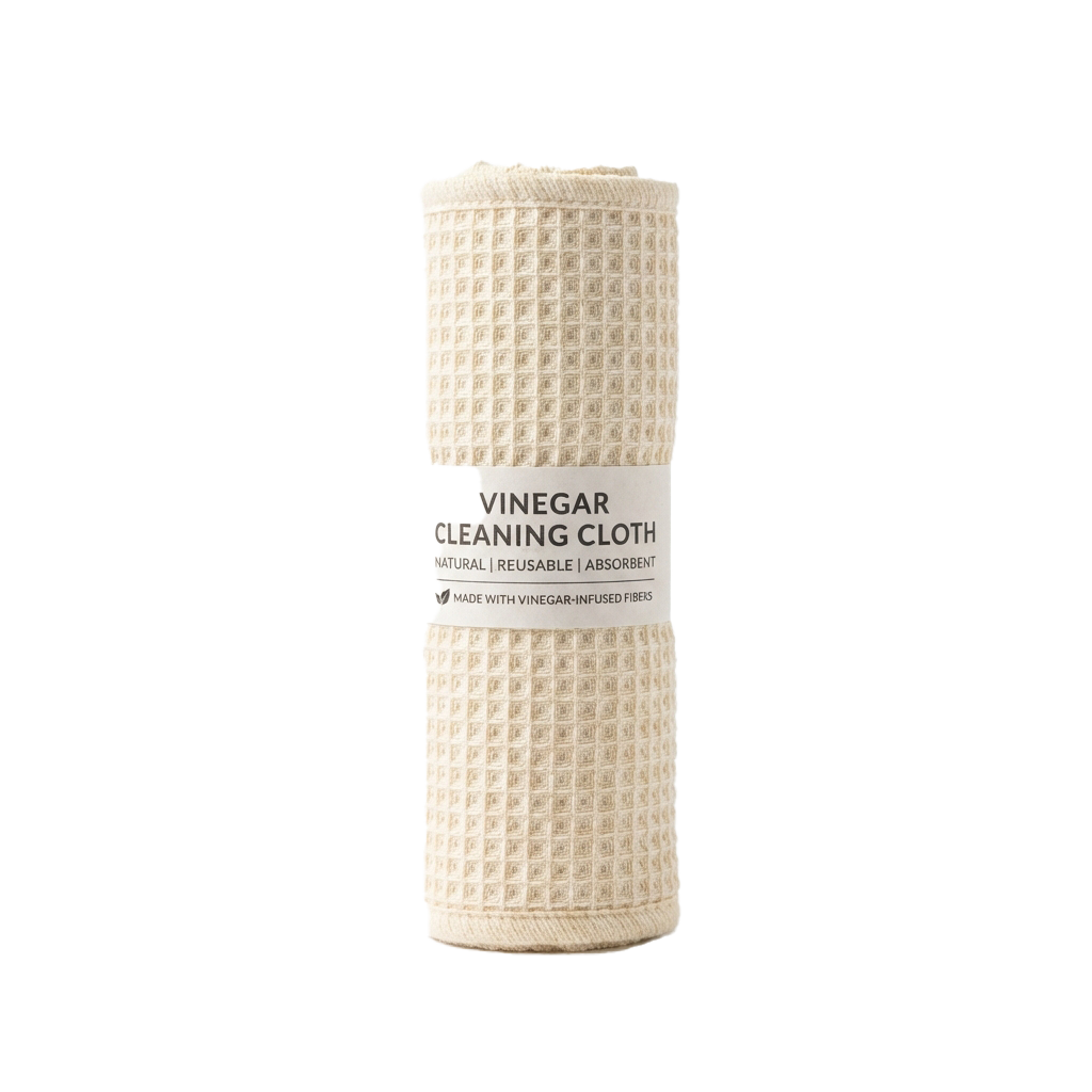 A rolled vinegar-infused cleaning cloth with a textured surface and white label.