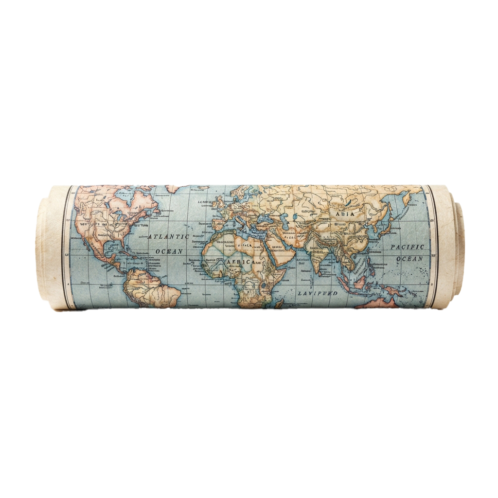 A rolled vintage-style world map showing continents, oceans, and geographical borders