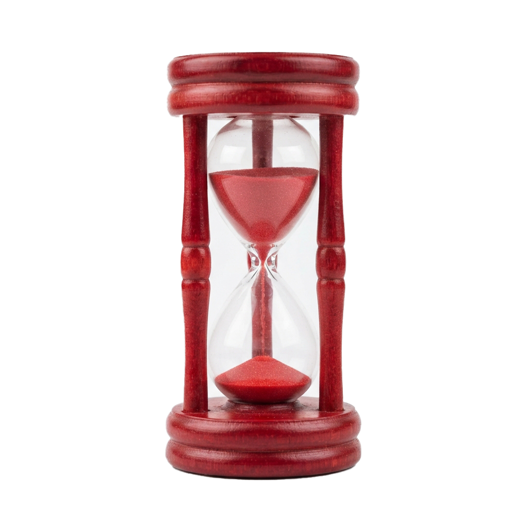 A red wooden hourglass with sand flowing between the top and bottom bulbs