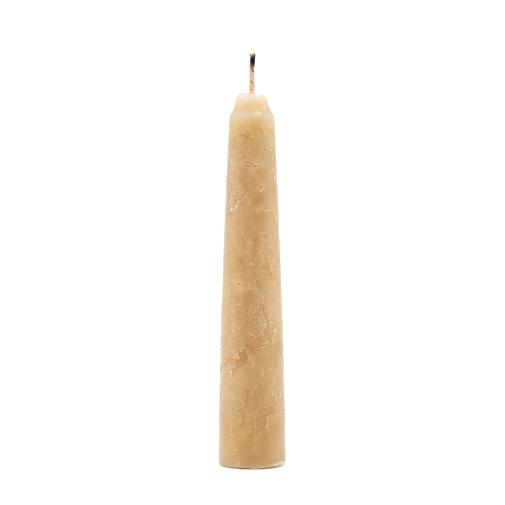 A tall, unlit beeswax candle with a natural texture and wick on top against a dark background