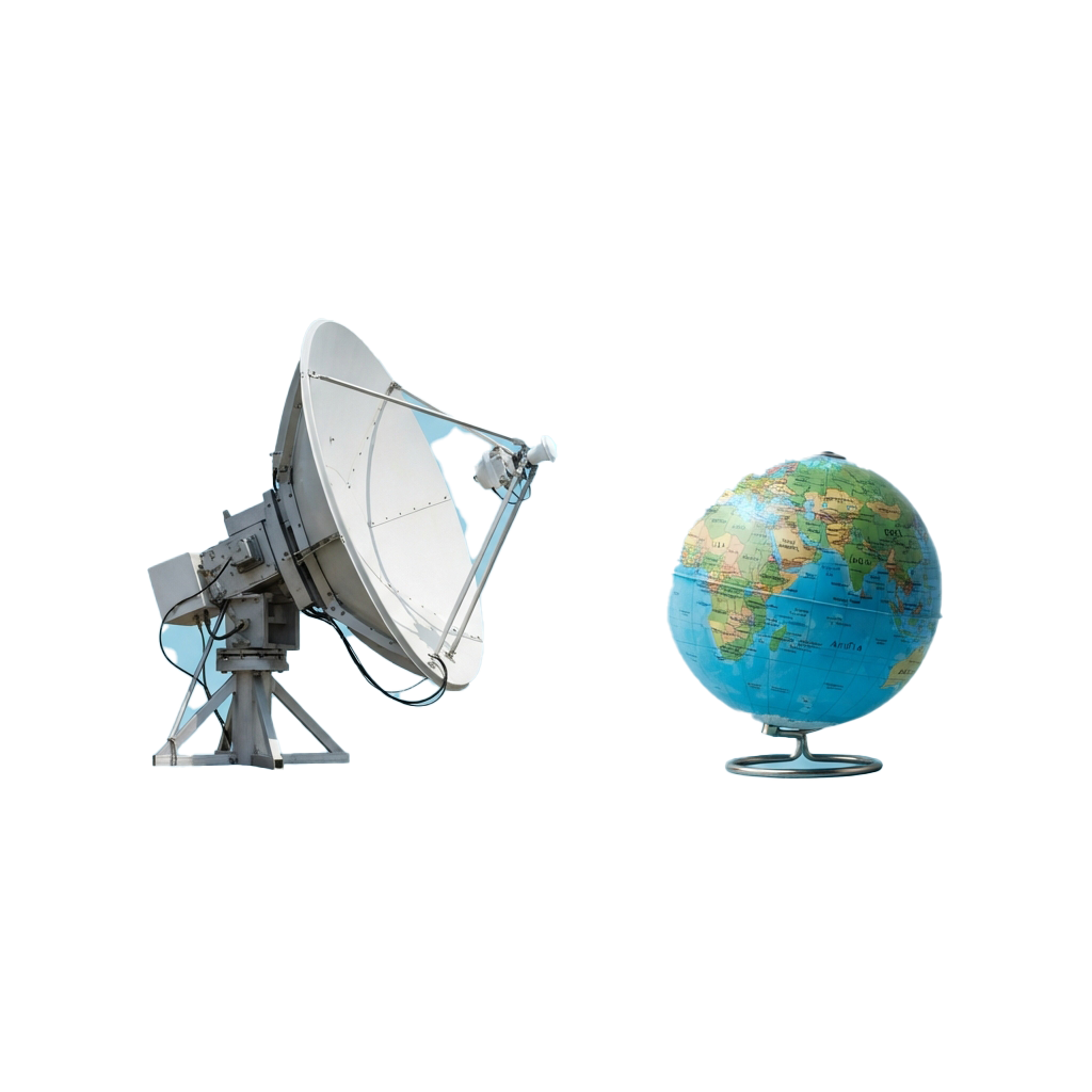 A satellite dish pointing towards a globe illustrating global communication and connectivity