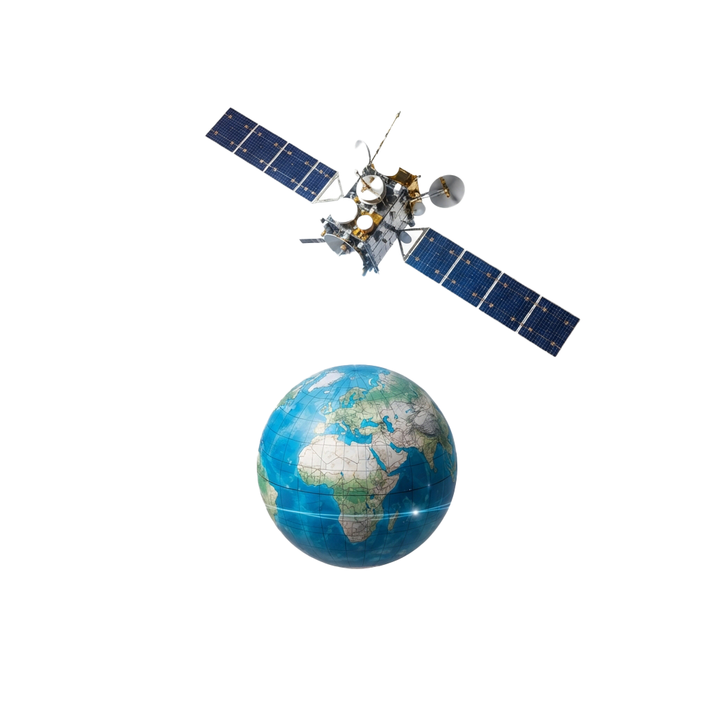 A satellite with solar panels orbiting above a blue and green Earth