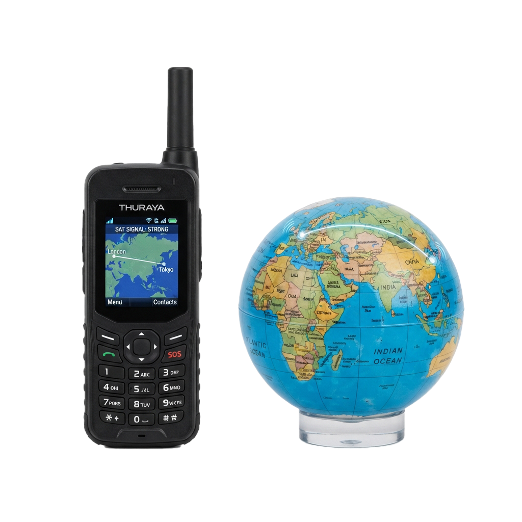 Satellite phone showing strong signal in Europe and Asia with a globe model beside it