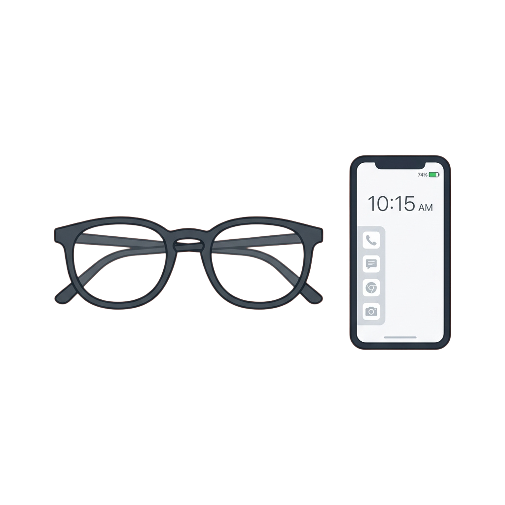 Pair of modern round glasses next to a smartphone showing 10:15 AM with icons for calls and apps