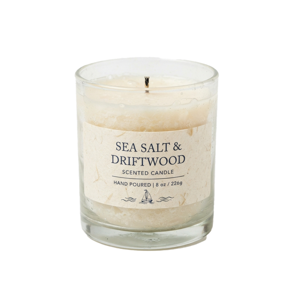 A lit scented candle in a clear glass jar with a beige label reading Sea Salt and Driftwood