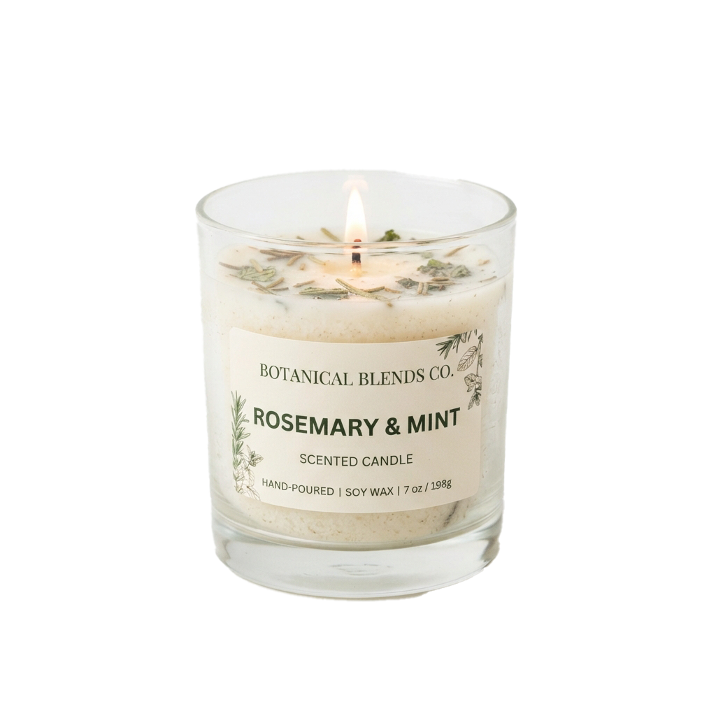 A lit candle in a glass jar with rosemary and mint scent, hand-poured soy wax, and a decorative label.