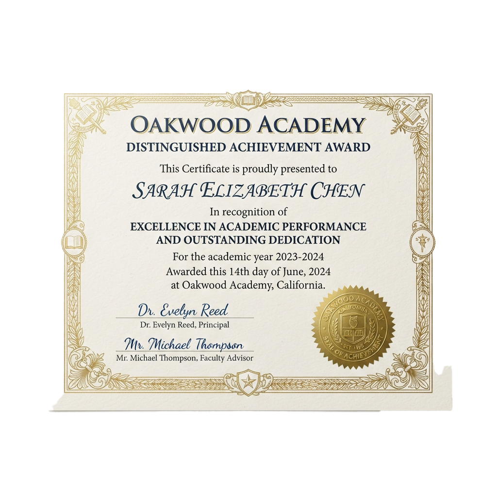 Certificate of achievement for academic excellence and dedication from Oakwood Academy for the 2023-2024 school year