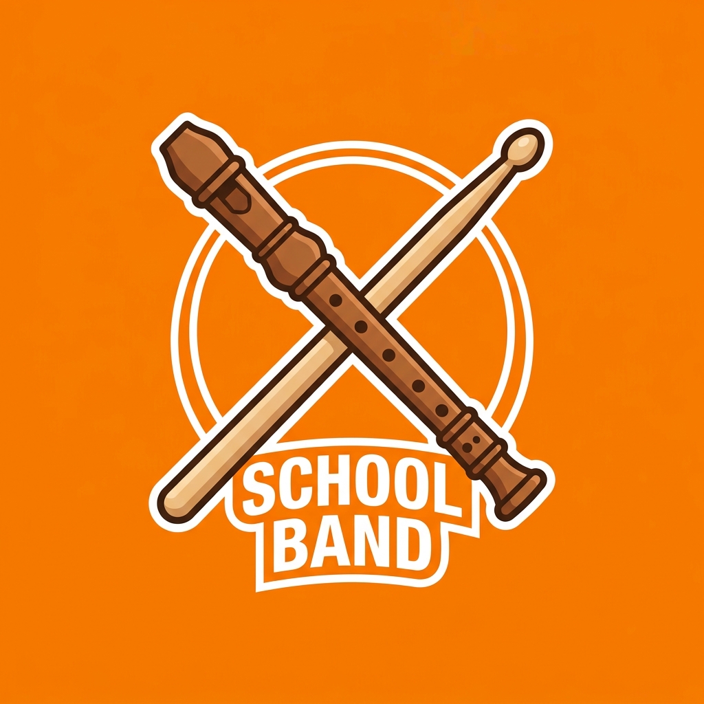 Illustration of crossed wooden recorders with school band text in a circular badge