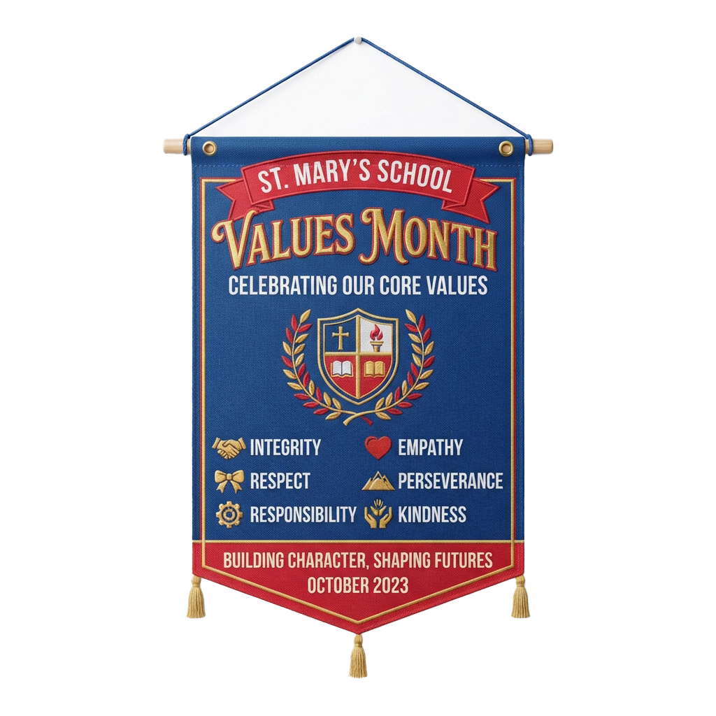 School banner displaying Values Month with core values like integrity, empathy, respect, perseverance, responsibility, and kindness for October 2023