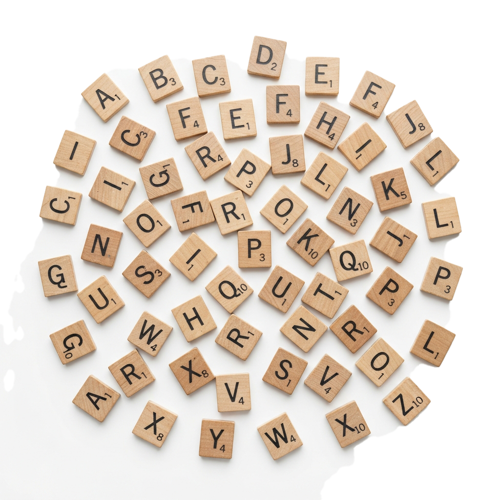 Scattered wooden Scrabble letter tiles with point values visible