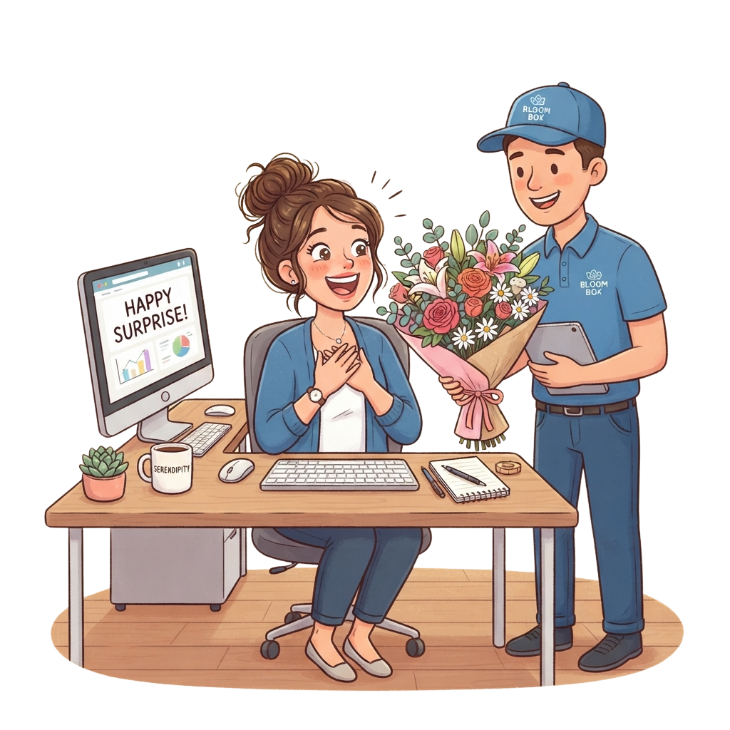 Illustration of a smiling woman at a desk clapping, receiving flowers from a delivery person in a blue uniform