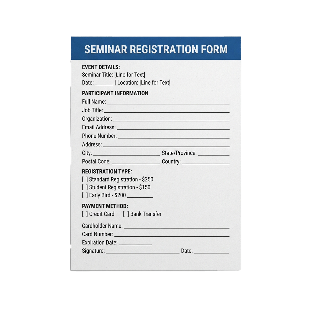 A seminar registration form with fields for event details, participant info, registration type, and payment method.