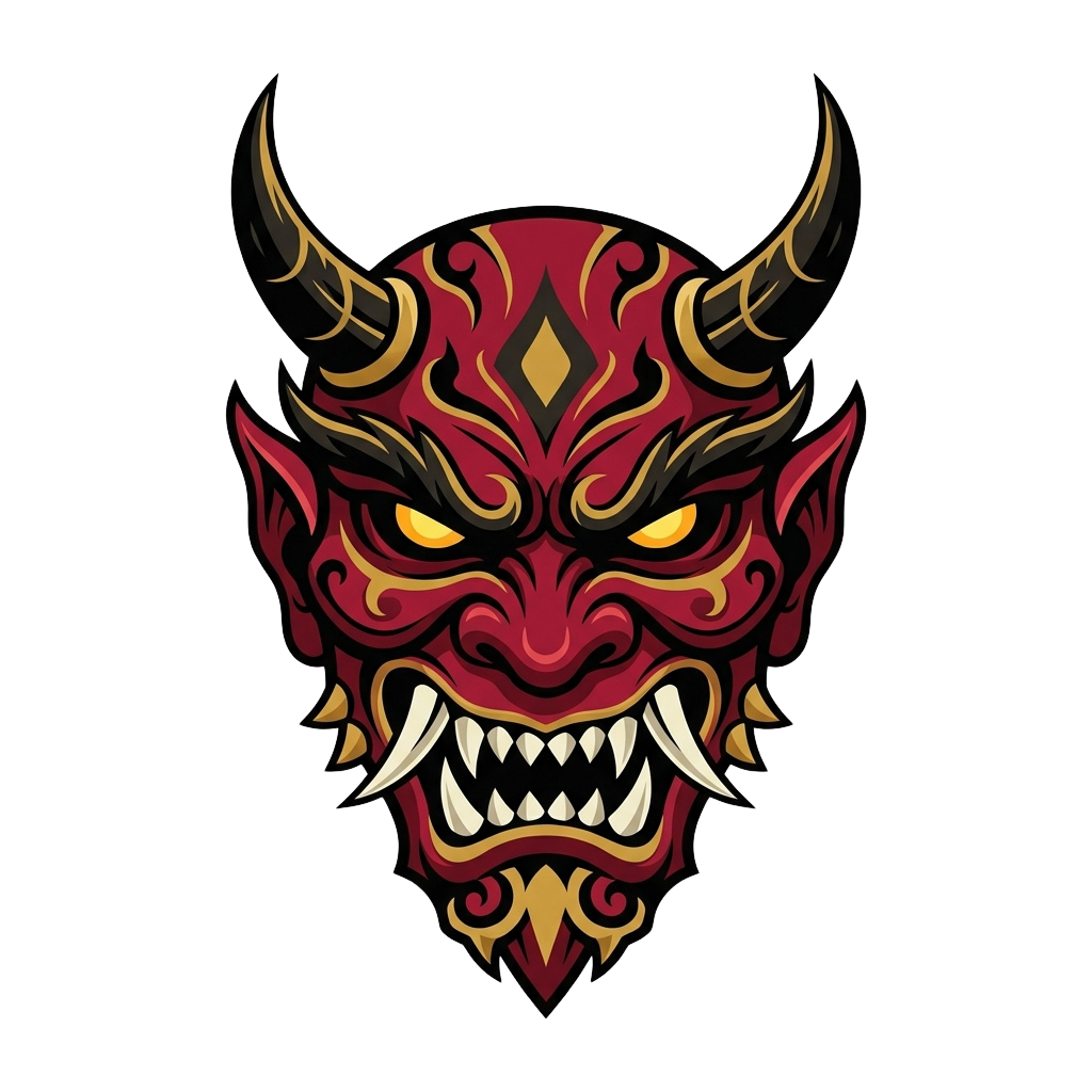A stylized illustration of a red Japanese oni demon mask with sharp teeth, horns, and intricate golden patterns.