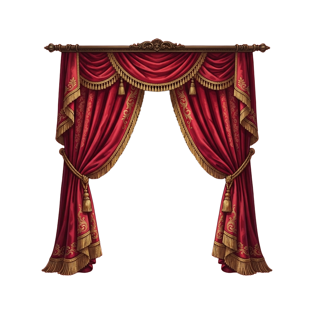 Two rich red velvet curtains with gold decorative trim and tassels hanging from a gold pole