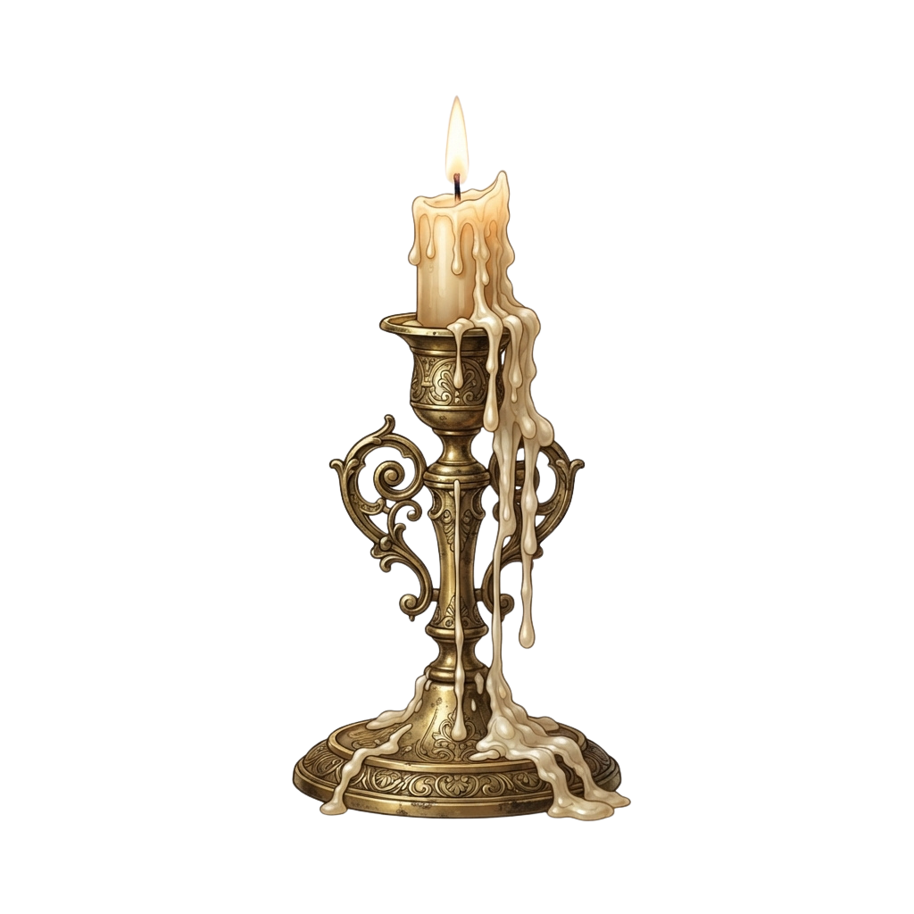 A decorative gold candle holder with dripping melted wax around its base and sides, lit candle on top.