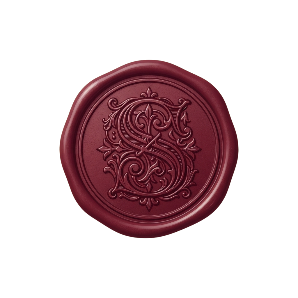 A close-up of a red wax seal featuring an ornate monogram S with intricate floral detailing.