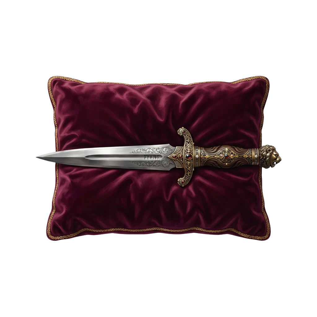Two intricately designed silver daggers with detailed handles resting on a red velvet cushion with gold trim