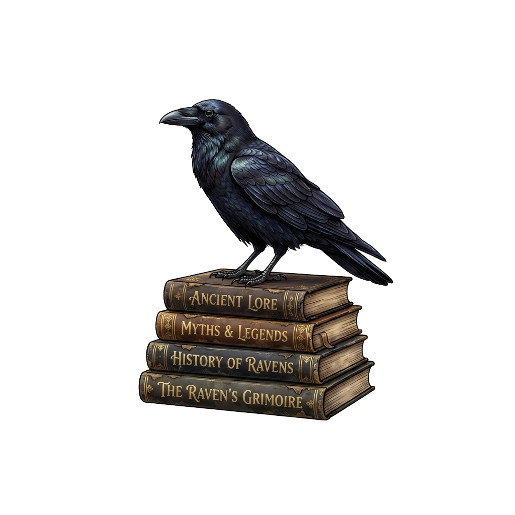 A raven standing on top of four old books titled Ancient Lore, Myths and Legends, History of Ravens, and The Ravens Grimoire
