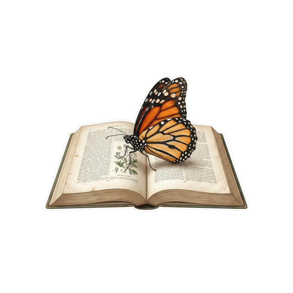 Monarch butterfly perched on an open book showing a plant illustration