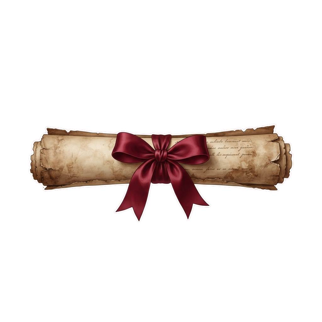 A rolled parchment-style scroll tied with a red satin ribbon against a black background