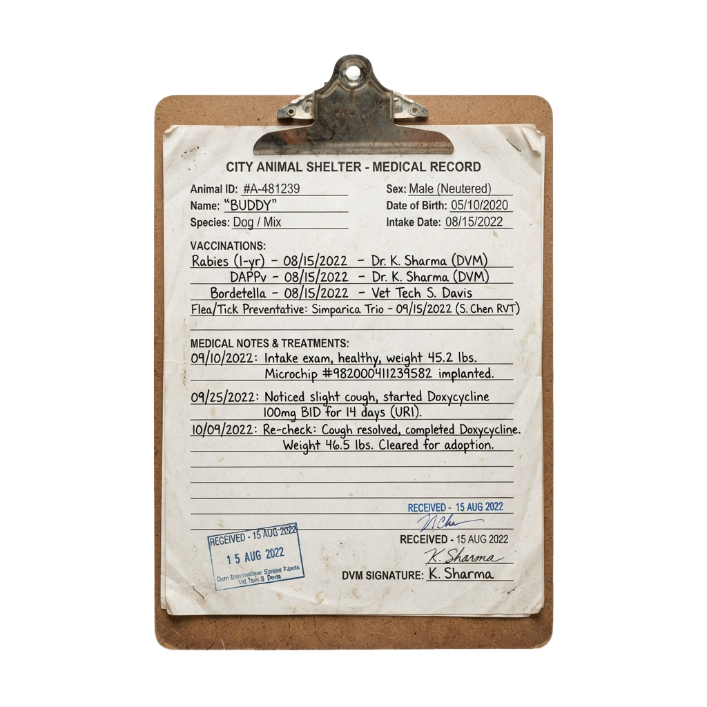 Clipboard showing medical record of a dog named Buddy at a city animal shelter, including vaccinations and treatment notes