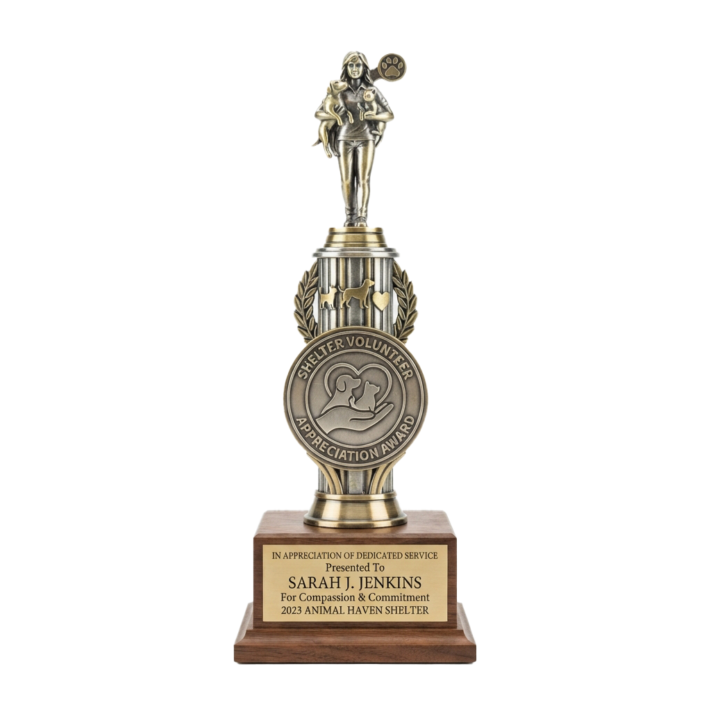 Award trophy honoring a volunteer for compassion and commitment to an animal shelter