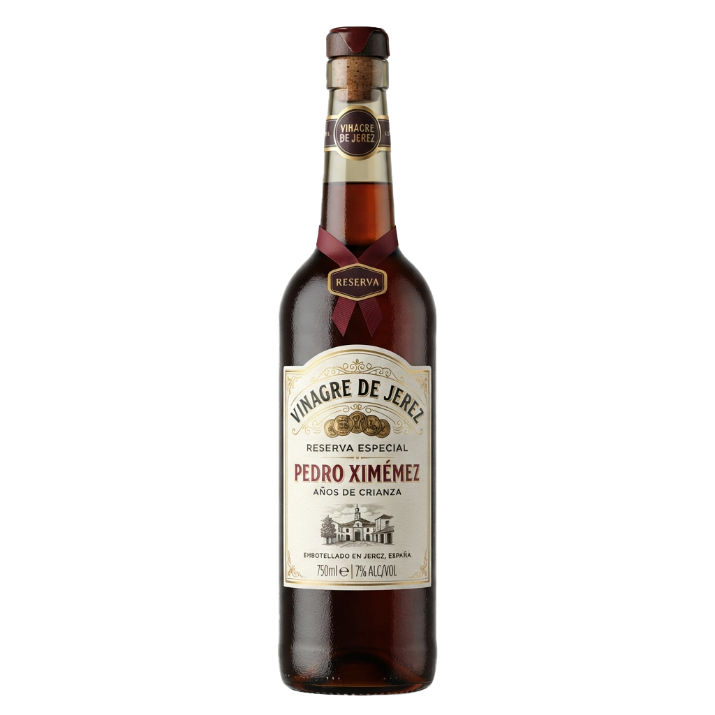 Bottle of Pedro Ximenez sherry vinegar labeled Reserva Especial, 750ml, 7 percent alcohol.