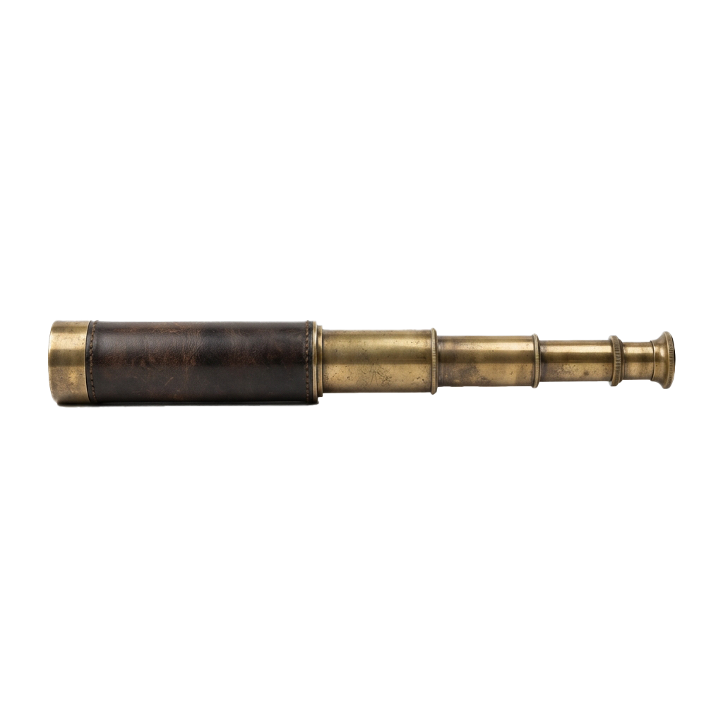 A vintage brass telescope with a dark body and brass fittings on a black background