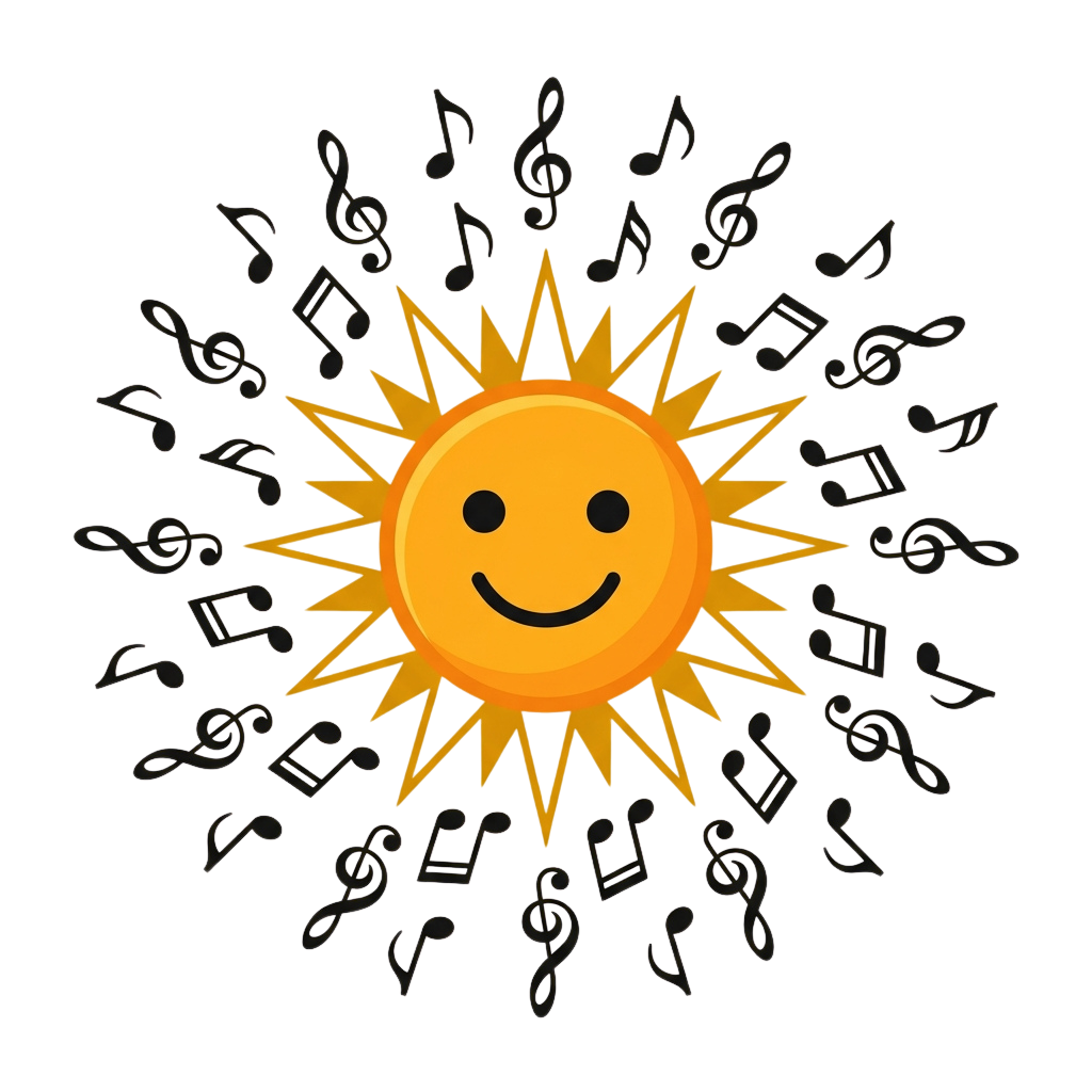 Bright smiling sun icon surrounded by musical notes on a dark background