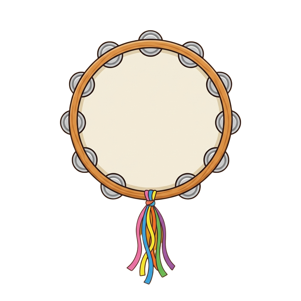 Hand drum with jingle bells around the edge and a colorful tassel hanging from the bottom