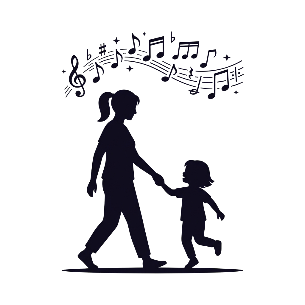 Silhouettes of an adult and child dancing with musical notes floating above them