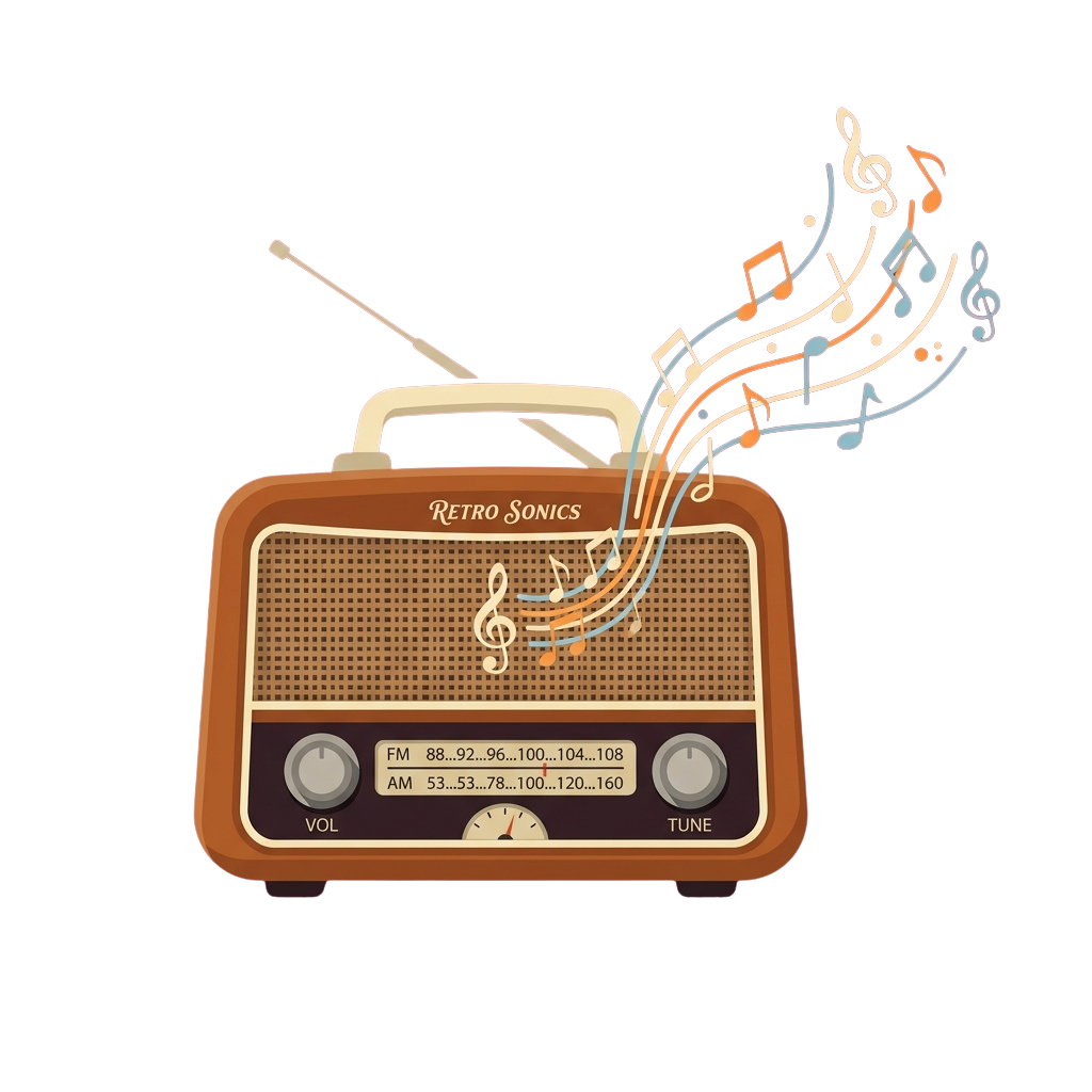 A retro radio emitting musical notes and a treble clef symbol, labeled Retro Sonics, with FM and AM frequency dials.