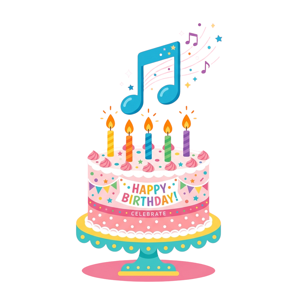 Colorful birthday cake with lit candles and a large musical note floating above it