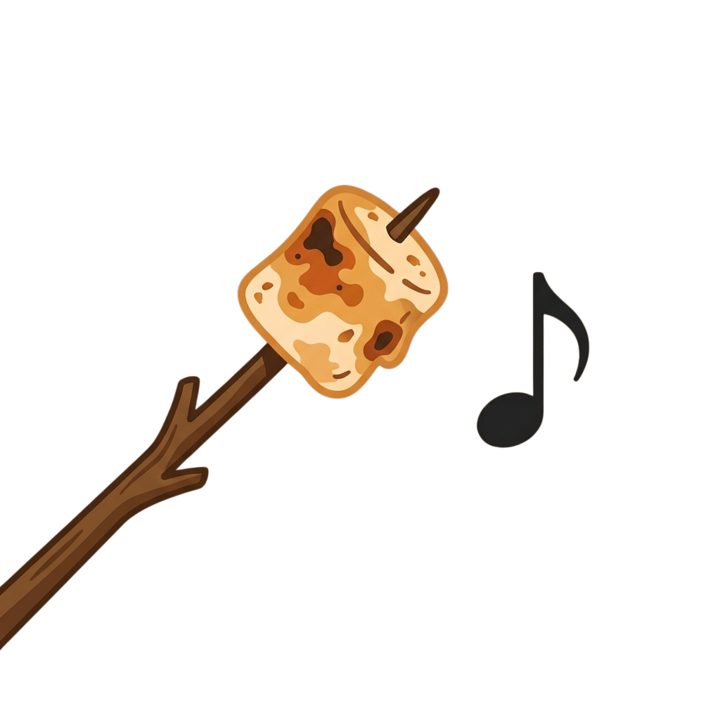 A roasted marshmallow on a stick next to a musical note icon