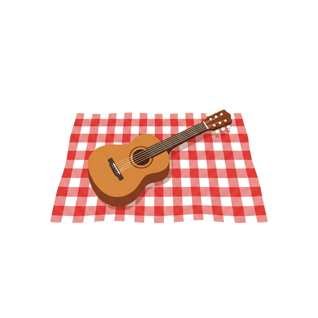 An acoustic guitar resting on a red and white checkered cloth