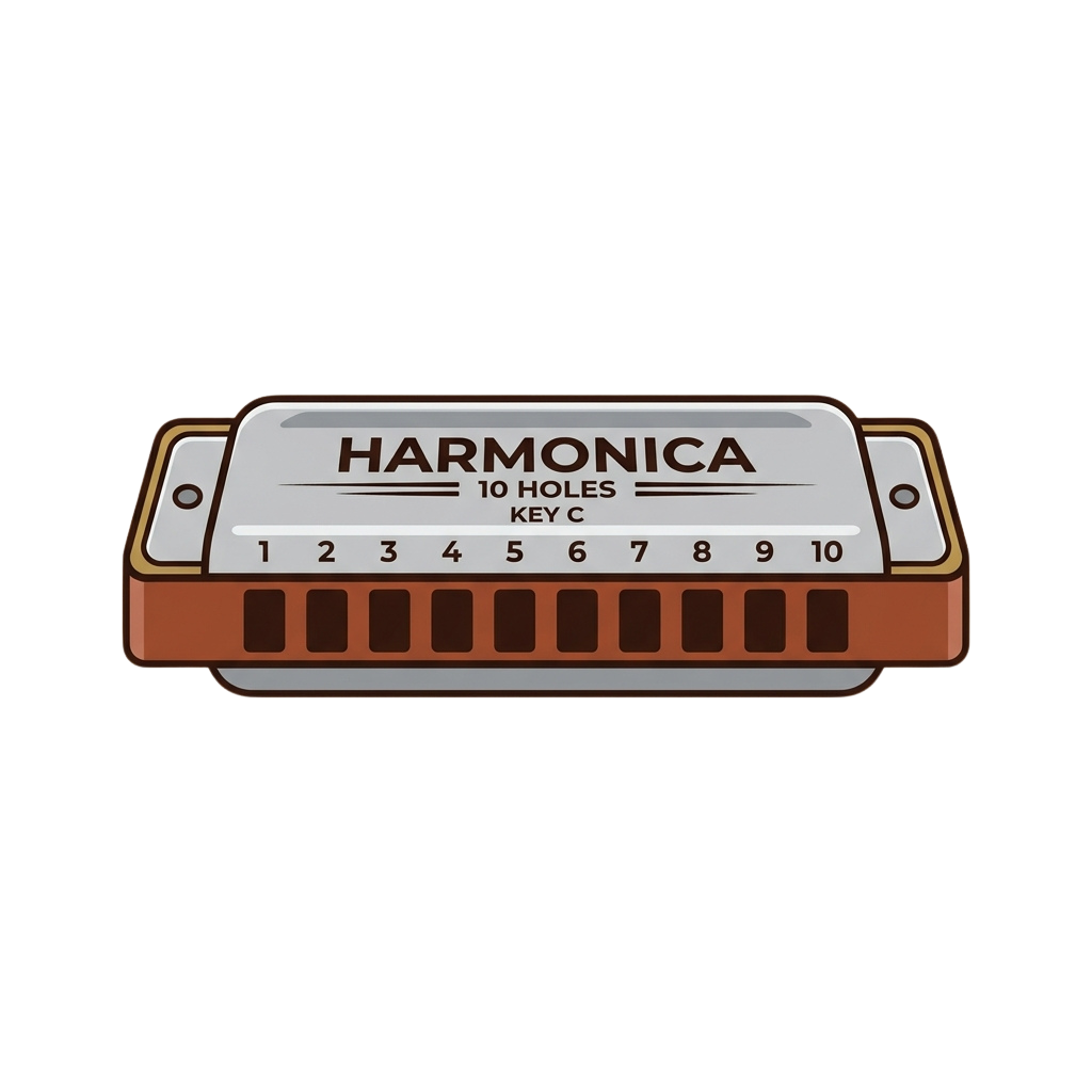 Illustration of a 10-hole harmonica in key C with numbered holes and cover details