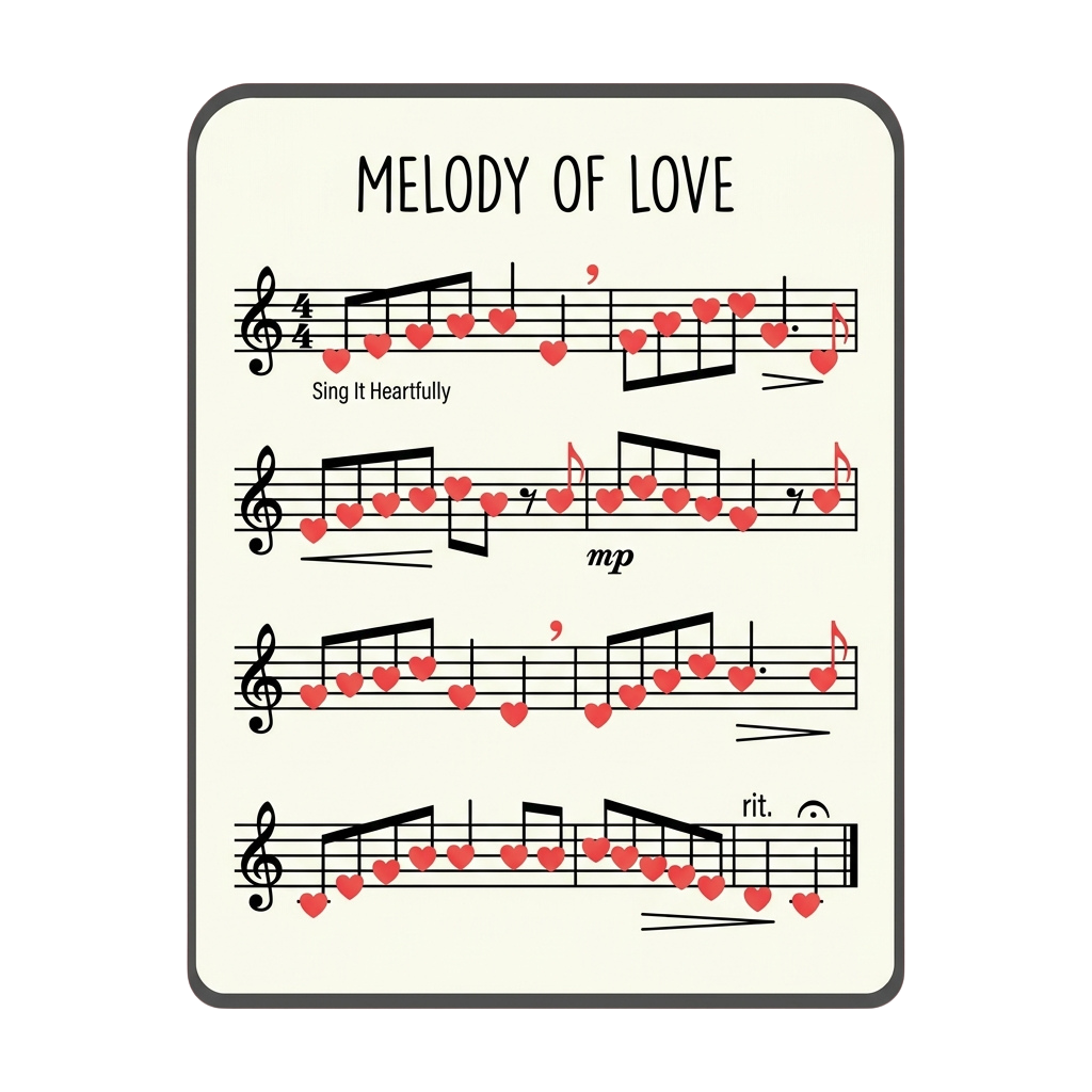 Sheet music titled Melody of Love with heart symbols and musical notes on a light background