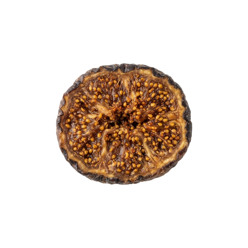 A cross-section of a roasted fig showing its inner texture and small seeds