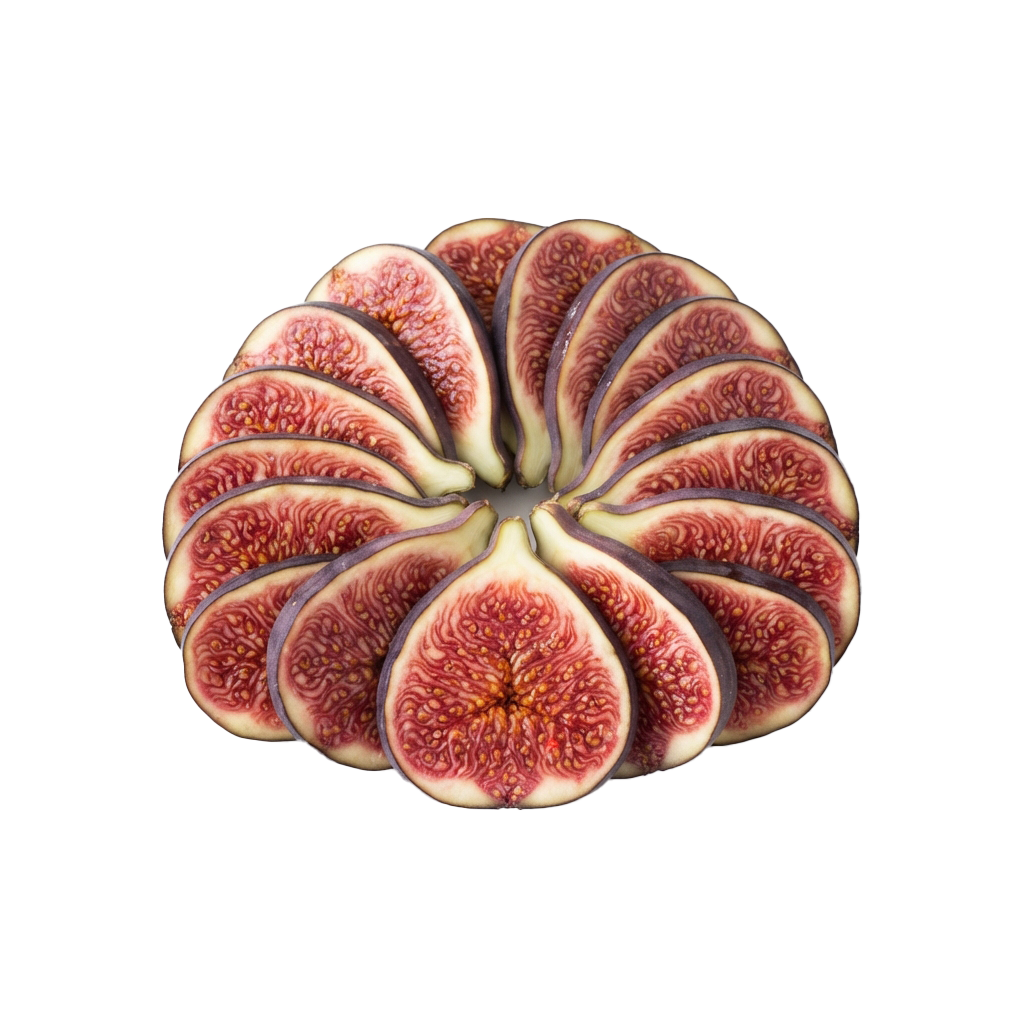 A cross-section of a fresh fig revealing its inner fleshy, textured segments and central core