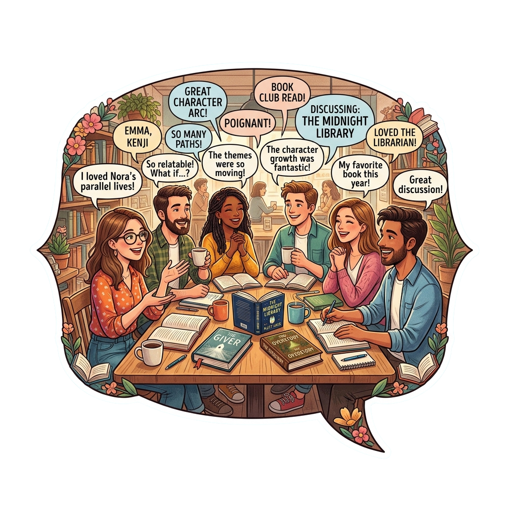 Illustration of a diverse book club discussing a novel around a table with books and coffee cups.